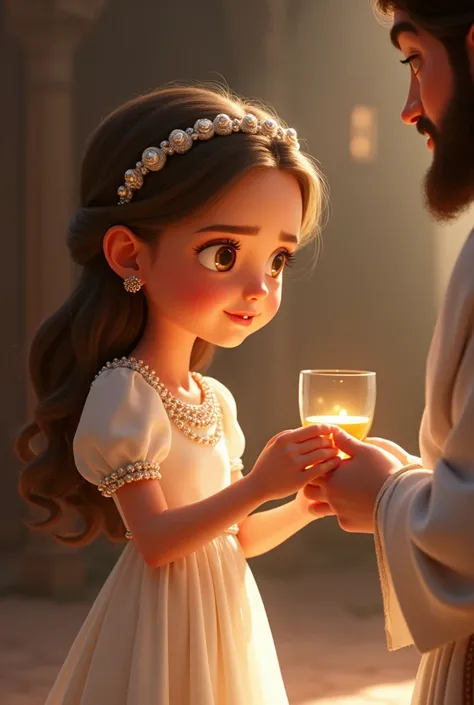   girl,  wavy light brown hair , brown eyes, white pearl dress , Making First Communion with Jesus of Nazareth , Pixar