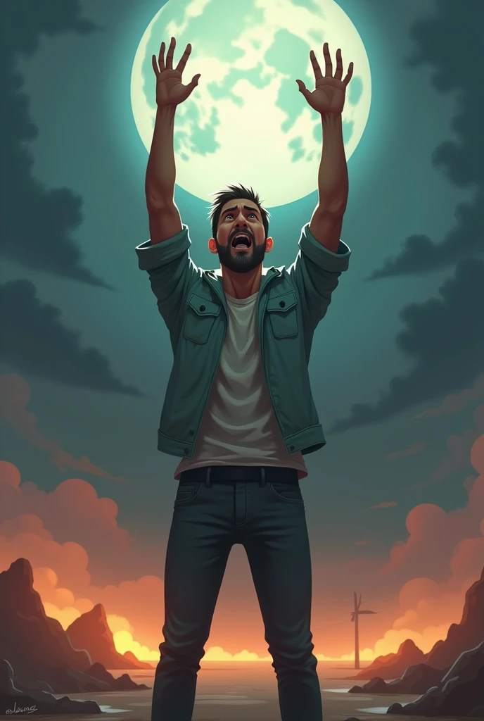 Generate in cinematic 3d cartoon style 
scene showing the man shouting upward, his hands raised, expressing anger and disbelief, asking God, "Are you even listening?"