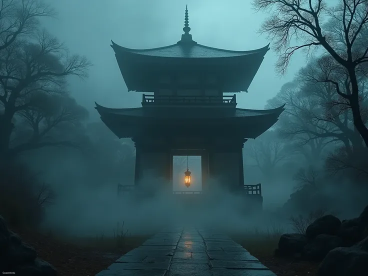 A Japanese shrine with a dark fog and a terrifying atmosphere