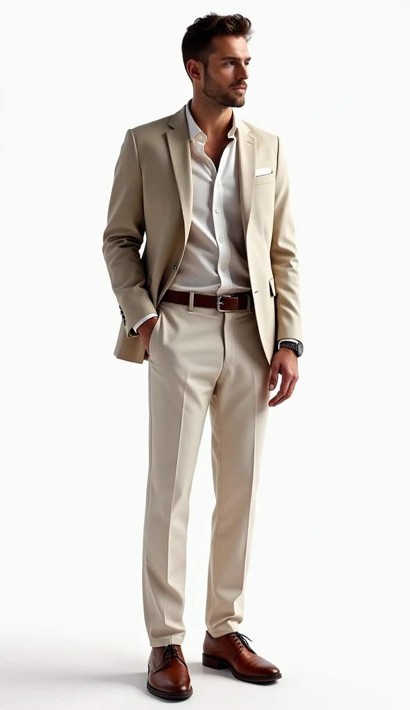 ( top quality,  Masterpiece  :1.3, super high resolution,),( Ultra Details, caustics ),(Photorealistic 4k） A man is wearing a linen jacket and a shirt. The shirt is open to the second button from the top. He is wearing linen trousers. Brown leather shoes. ...