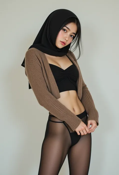 malay hijab, sweater, petite, crop top, cleavage, transparent yoga legging, cameltoe