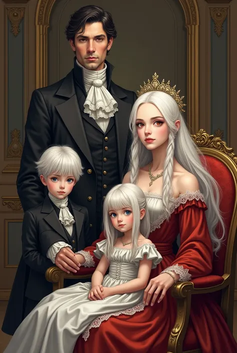  Make an illustration of the noble family taking a picture .  His mother is sitting in the chair on the right and her daughter is sitting in the left seat.  His father stands in the back with his son .  son ,  his  daughter .  His son has white hair with r...