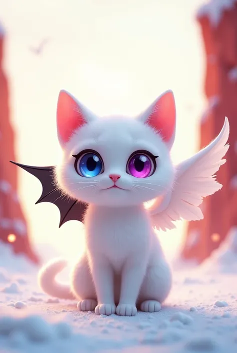   cute surrealist little white cat with white angel wings ， pink and blue pupils ,  big eyes will glow purple around , Red Cliff,   Furry ， is very cute ,  Logo design, Cartoon,   Movie Lighting Effects  , charming, 3D Vector Art, Cute and quirky, Fantasy ...