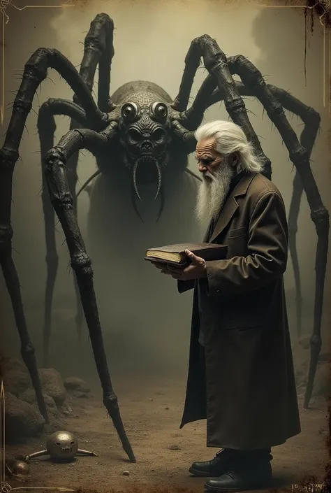  Old man standing next to a giant eight-legged spider monster,  in the style of contemporary vintage photography ,  necronomicon illustrations ,  table photography , 1890,  hyperrealistic animal portraits , ghostly presence, buzzing devices 