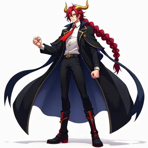   masterpiece ,  better quality ,  ultra detailed , Fine details, slim body,with muscles, 1chico,  young mens anime with long deep red braid, yellow eyes and golden horns ,a long dark blue scarf,red tie,tuxedo in black robe , Black Pants , full body,  clen...