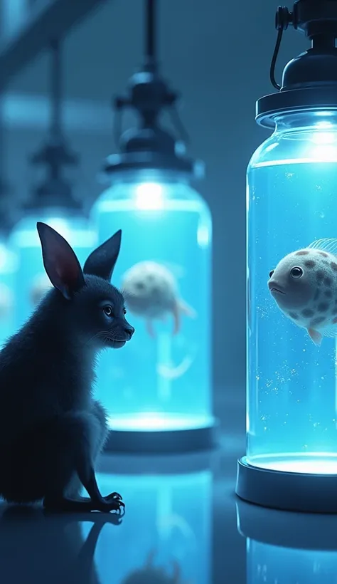 illuminated by a soft blue glow . a bat is calmly inside one of the adjacent containers watching a puffer fish in an adjacent container.  The laboratory has a clean and sterile atmosphere ,  with industrial lighting suspended from the ceiling and a high-te...