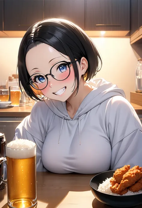 RAWphoto,photorealistic,8k16k,best quality,perfect anatomy,perfect detailed,ultra highres, extremely detailed eyes and face,gleaming skin,shiny skin,1girl,Japanese,black short hair,pixie cut, (wearing glasses:1.3),(parted bangs,forehead:1.2),round face,med...