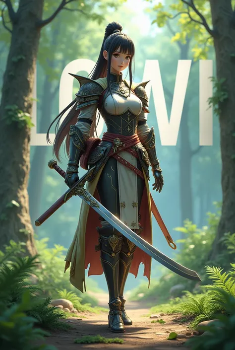 an 3d anime with a beautiful warrior outfit at a forrest with trees with warrior sword and bag featured name in all capital Letters "LOWI" written on background with a big font