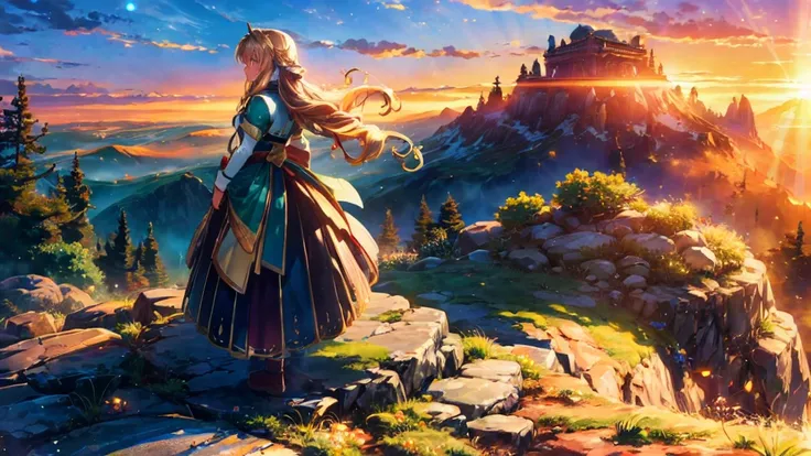 アニメスタイル、A stunning close-up of a beautiful girl standing on a mountain peak under a twilight sky. In the background, a massive sleeping dragon is coiled among glowing rocks and ancient ruins covered in moss. Her hair flows softly in the wind, and faint mag...