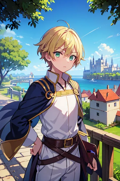 Best quality, master piexe, anime tone, oficial art, one boy, solo, fair skin, blonde hair, short hair, (emerald eyes), private service, middle class, investors son, illegitimate , fantasy, medieval Europe, outdoor