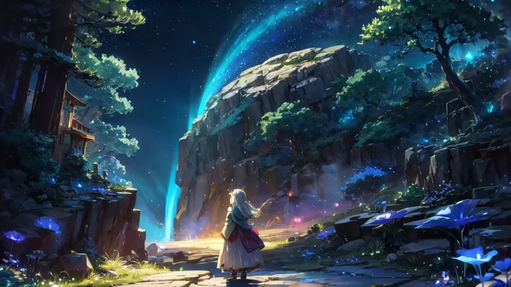 アニメスタイル、Two stunning women standing close-up on a glowing mountain peak under a starry sky filled with auroras. Behind them, a sleeping dragon’s form is illuminated by faint celestial light. The rocky terrain is covered in glowing moss and ancient stone ca...