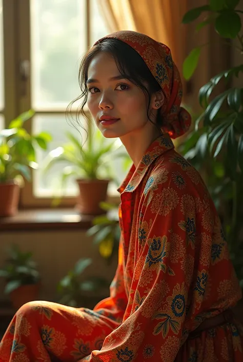 (photorealism:1.2), beautiful woman, wearing on batik shirt, wearing hijab, batik pants, indoors, soft lighting, plants in background, window with sunlight, cozy room, relaxed pose, realistic, intricate details, warm colors, by Greg Rutkowski, by Alphonse ...