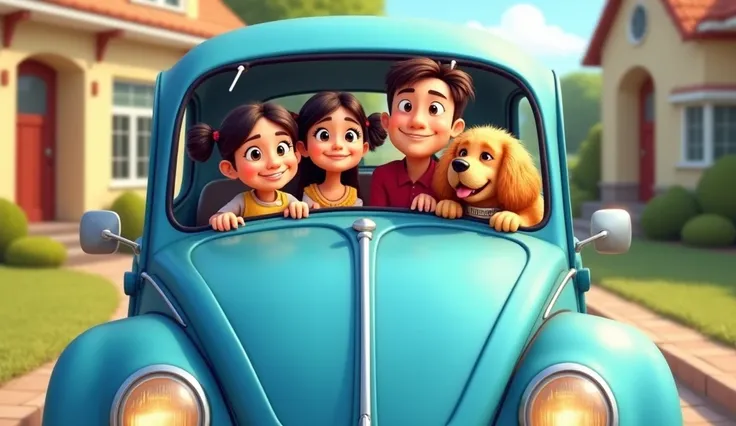 Cartoon  Father,mother with A little cartoon cute girl (big curious watery eyes,big cheeks,two black pony tailed hair) all of three are inside a  blue bug car cartoon with golden retriever with a fluffy coat, wagging tail,( belt with a collar named GOLDIE ...