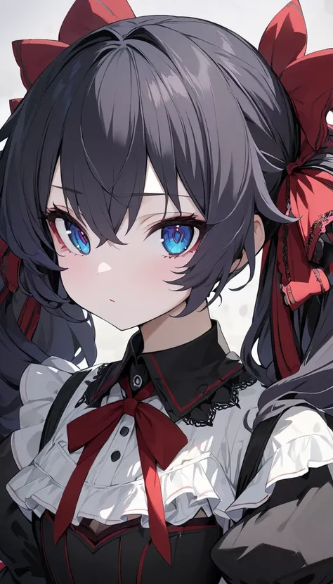   Masterpiece  , Highest_quality,  1 girl , Alone, (Goth:1.2), Scarlet Remilia, ( slim、1 person,  cute young woman, , medium bust,  black hair、 twin tail hair 、Azure Eyes、Tie your hair with a large red lace ribbon),delicate beautiful eyes , eyes are drawn ...