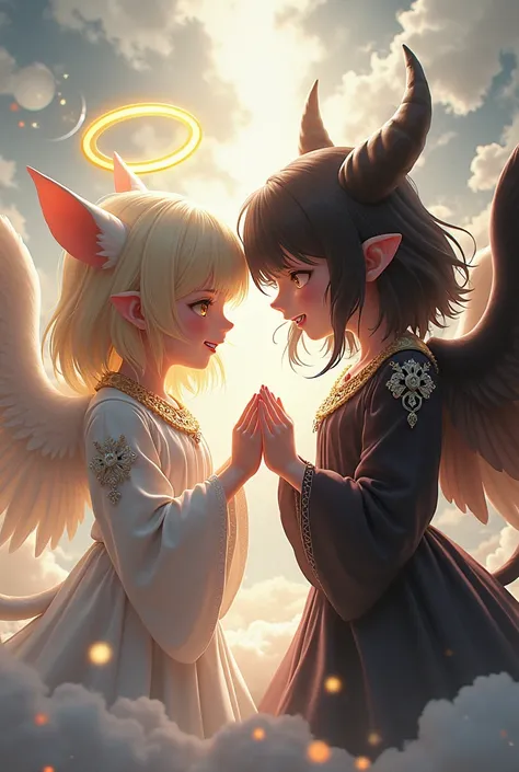 Masterpiece, best quality, 2girls,1girl,smile,Anthropomorphic Sunday,dressed as an angel,1girl,grin,Anthropomorphic monday,dressed as a devil,