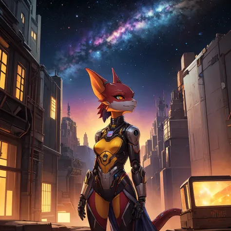 female, furry, metalic, robotic, anthro, kobold, short, small breasts, thin body, standing in brig, science fiction, looking out window, galaxy, stars, high quality, masterpiece,