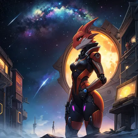 female, furry, metalic, robotic, anthro, kobold, short, small breasts, thin body, standing in brig, science fiction, looking out window, galaxy, stars, high quality, masterpiece,