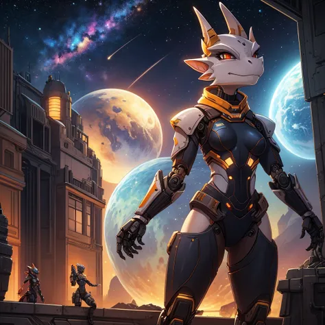 female, furry, metalic, robotic, anthro, kobold, short, small breasts, thin body, standing in brig, science fiction, looking out window, galaxy, stars, high quality, masterpiece,