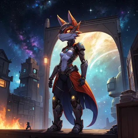 female, furry, metalic, robotic, anthro, kobold, short, small breasts, thin body, standing in brig, science fiction, looking out window, galaxy, stars, high quality, masterpiece,