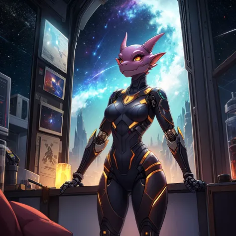 female, furry, metalic, robotic, anthro, kobold, short, small breasts, thin body, standing in brig, science fiction, looking out window, galaxy, stars, high quality, masterpiece,