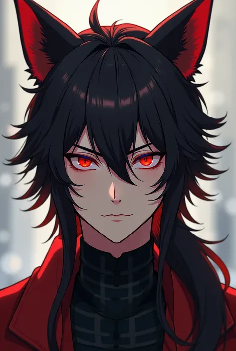 He is a sharp-eyed man with red eyes, black eyes like a cat, with fox ears and tail. He has a mullet hair with a long, shoulder-length wolf cut, 150cm tall, handsome, black hair, red hair ends.