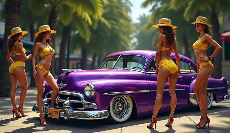 purple gang members meeting another gang wearing yellow bandana in a park there are 2 sexy women wearing same colors and we see a lowrider car with shiny rims