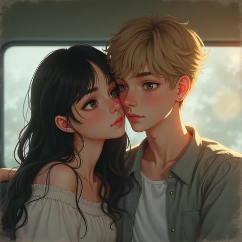 
 The image shows a digital illustration or a rendering of a young woman with long, dark hair and a soft expression.  She is seated close to a young man with light blond hair and somewhat unfocused ,  which suggests a depth of field .  Both appear to be si...