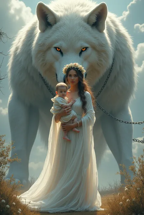 Goddess with a half-wolf baby wearing a white dress and a flower crown still finds a giant gray fenrrir wolf in chains 