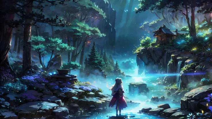 ​masterpiece: 1.7, top-quality,  very very beautiful,  Delicate use of color 、 detailed face 、A beautiful girl standing near the edge of a misty mountain ridge. In the background, the massive silhouette of a sleeping dragon is faintly visible, surrounded b...