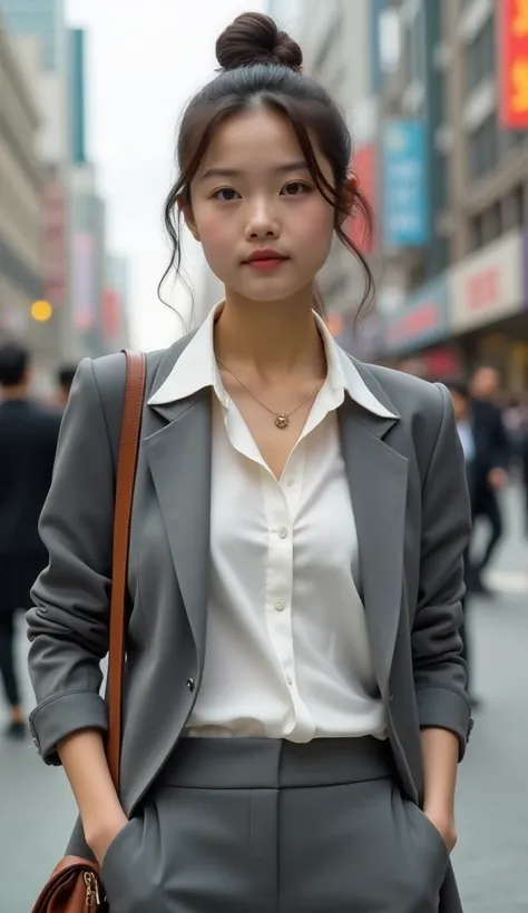 A classy Asian teenage girl stands confidently on a bustling city street, a smooth grey blazer over a wide-necked white silk blouse, revealing a beautiful bust, slim-fitting trousers, she accessorizes with a thin gold necklace, and a stylish leather bag, h...