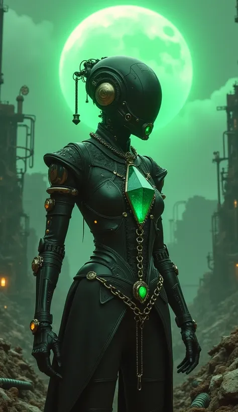  cyberpunk 、 Steampunk、 is wearing a glass jewel、Pile of iron trash、The green sun 