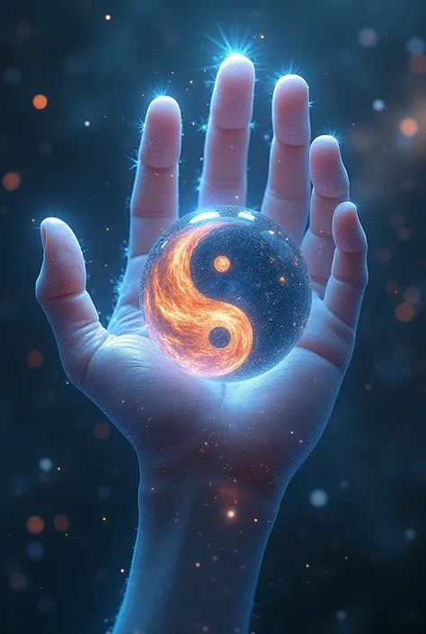 universe in the shape of a hand holding a galaxy in the shape of yin and yang.