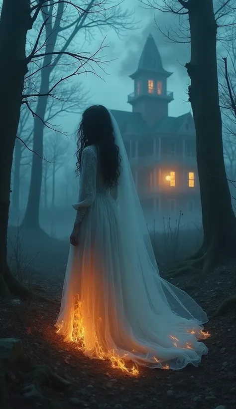 "In the heart of a fog-laden forest, where the moonlight struggles to pierce through the dense canopy, a ghostly figure emerges—a bride forever trapped between worlds. Her tattered wedding gown, once a symbol of joy, now hangs in shreds, stained with the r...