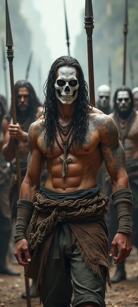 RPG style,  several men and women , strong, Carrying spears , warriors, light armor,  white skull tattoo on the face , Colar de ossos,  white skull tattoo on the chest