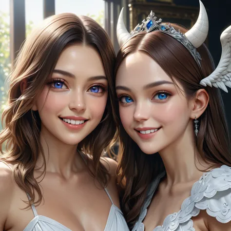 a masterpiece of two girls, one girl smiling, one girl grinning, both dressed as an angel and a devil, (best quality,4k,8k,highres,masterpiece:1.2),ultra-detailed,(realistic,photorealistic,photo-realistic:1.37),1girl,2girls,smile,grin,Anthropomorphic Sunda...