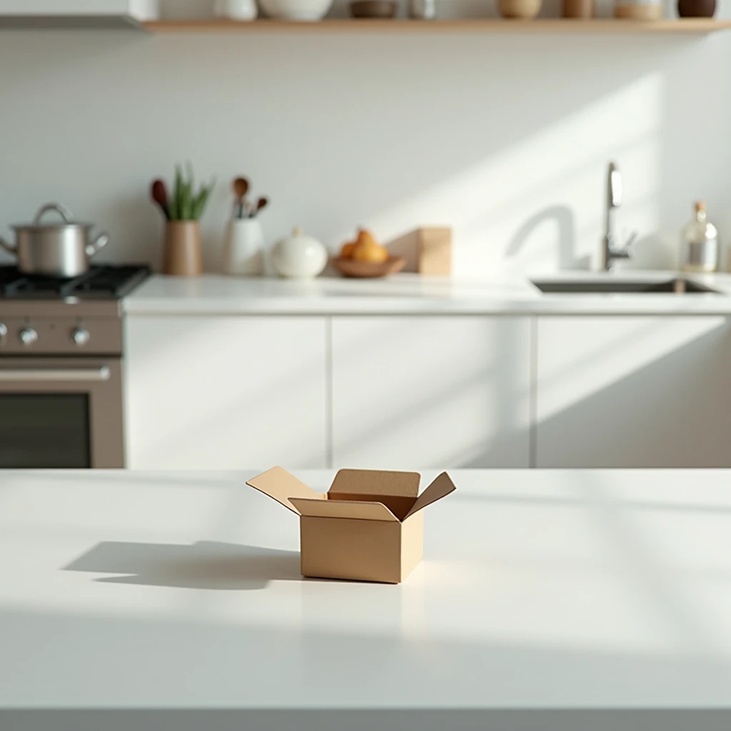 A humorous shot of a pristine kitchen with a takeout box on the countertop (hinting at the idea of "too nice to cook in").