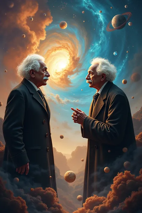 Albert Einstein and Baruch Espinosa with elements of science and space 