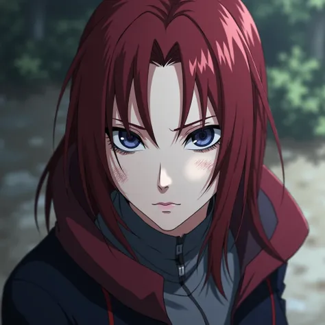 A woman from the Uchiha clan with a white complexion with freckles,  very dark red hair and navy blue eyes in the style of the Naruto anime with Sasuke Uchiha
