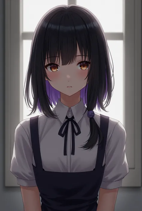 GIRL WITH MEDIUM HAIR COLOR BLACK HALF PURPLE DARK BROWN EYES INTROVERTED AND SHY LADYS CLOTHING