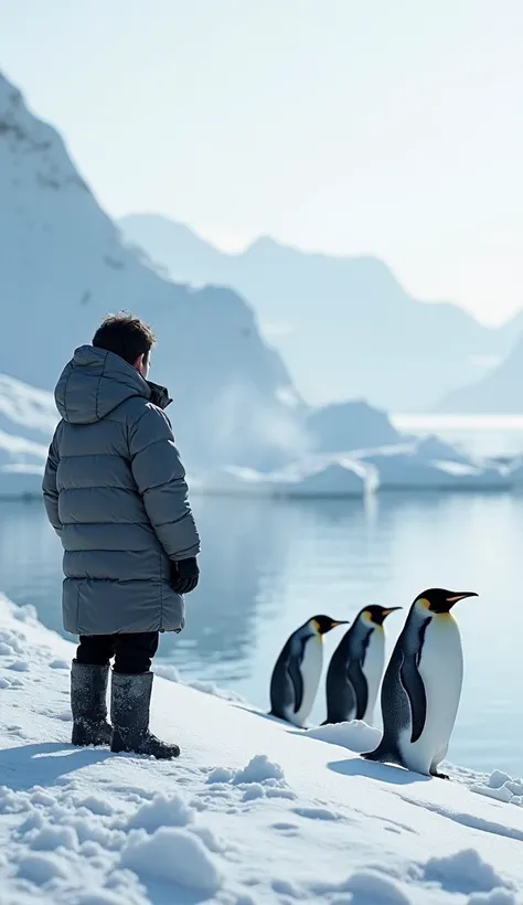 "A stark white landscape of ice and snow, with shimmering glaciers in the distance. Jack, bundled up in a heavy jacket, stands at the edge of a frozen sea, watching a group of penguins waddling past. His breath forms mist in the freezing air."