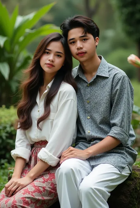 create aesthetic images. 20 year old Indonesian woman facing to the camera with long flowing hair wearing a white shirt and batik skirt, Nike shoes. and a 30 year old Indonesian man with short black hair facing to the camera wearing a Indonesian batik shir...