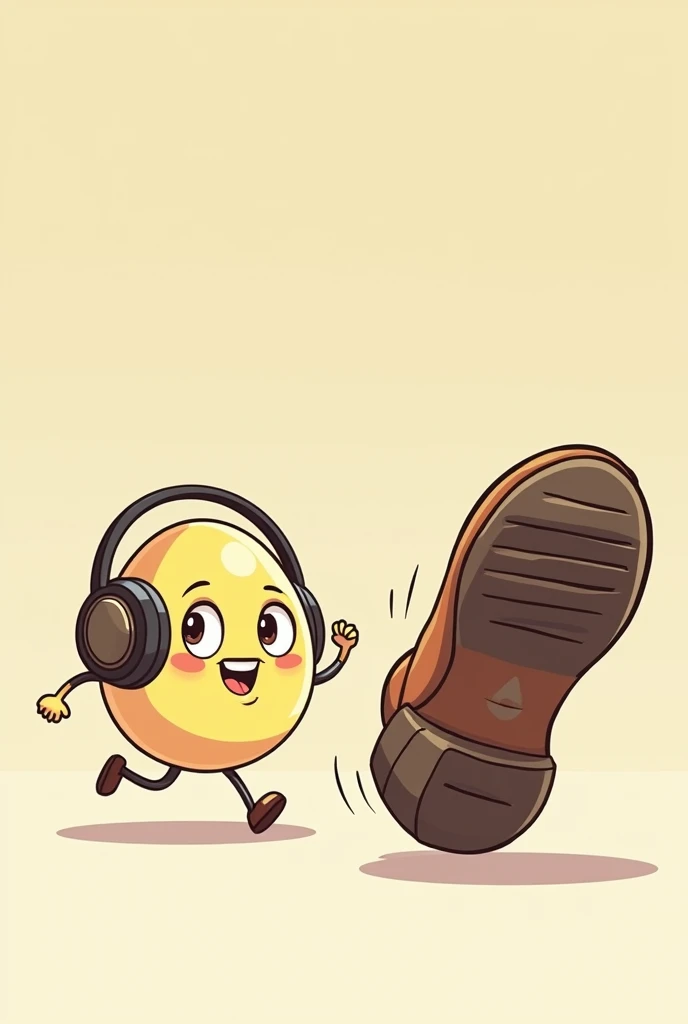  A cartoon egg , using headphones, Half a scoundrel , running away before I get stepped on by a boot