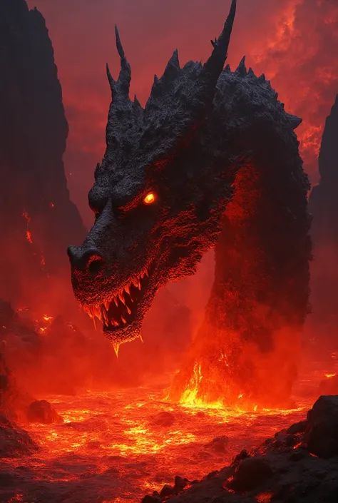 (best quality, best image, ultra detailed, 8k, fantasyart.dark image, red lighting.) The head a neck of an ancient dragon emerge from a sea of lava and fire. 