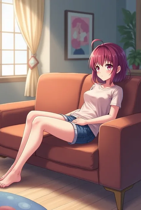 Anime teen sitting on the couch in shorts

