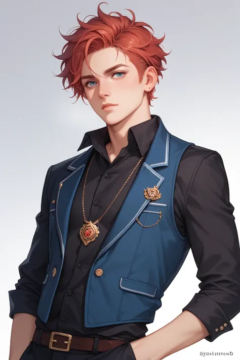  Young man who has slightly messy ashy blond hair,  that falls in soft tufts over his forehead .  His eyes are intense and bright red ,  which gives him a mysterious or supernatural air .  His facial expression is serious and somewhat distant ,  which rein...