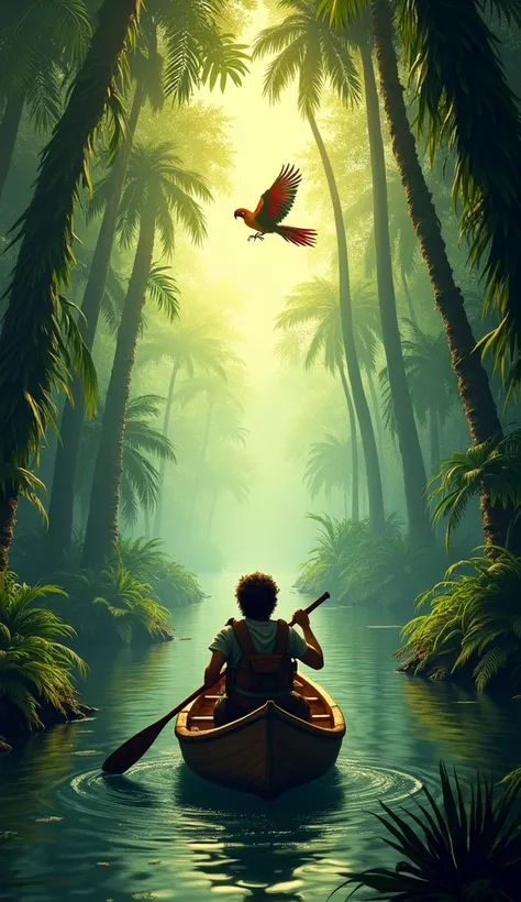 "Towering green trees and thick vines surround a narrow river. Jack paddles a wooden canoe, his eyes wide as a colorful macaw flies overhead. The sunlight pierces through the canopy in golden beams."