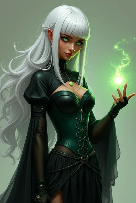 Medium-robust dark-skinned girl , wearing a black dress and a dark green corset ,  who has green eyes and long straight hair with white locks with bangs holding a magic wand 