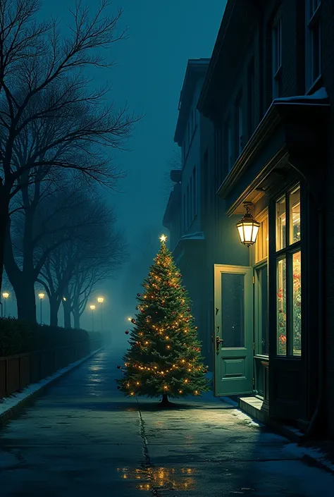  Imagine a night scene in a shady neighborhood ,  with Christmas lights barely visible in distant houses. in the foreground,  a glowing Christmas tree appears , but something peculiar :  is in the center of an empty store ,  with the door half open , as if...