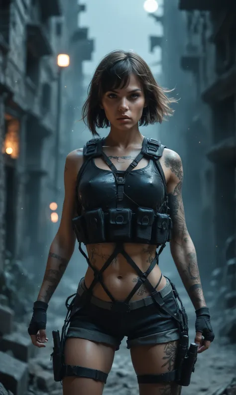 cowboy shot,  bimbo, short hair, side bangs, ash-blond hair, body covered in tattoos, exoskeleton, tactical gear, black micro shorts, fighting stance, looking at viewer, urban ruins, night, dark lighting, depth of field, bokeh