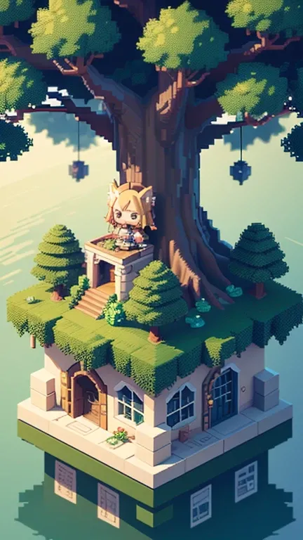 Voxel,( 3d big pixel art),(3D pixel art), (Many Elves((Chibi:1.5),owl，Living Everyday Life,Eat food,Doing the laundry,Talking to each other,living on Yggdrasil)),background(Yggdrasil(Very big tree,Elven settlement),forest,beautiful lake around Yggdrasil), ...